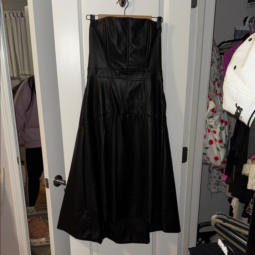 Faux Leather Black Strapless Dress